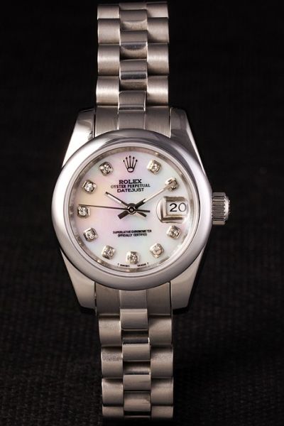 Office Ladies Rolex Datejust Smooth Bezel Pearl Dial Rhinestone Hour Marker 26mm Silvery SS Watch