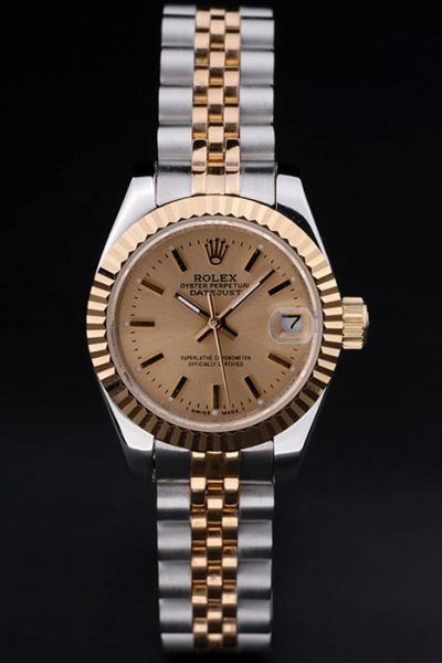 Ladies Rolex Knock-off  Datejust Gold Plated Fluted Bezel Stick Hour Scale Two-tone Bracelet Watch