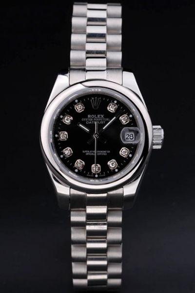 Classic Rolex Datejust Silver Case Black Dial Diamonds Scale Stainless Steel SS Bracelet Watch For Sale