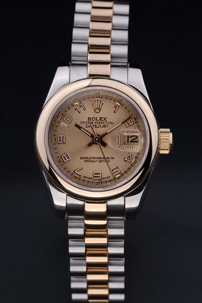 Rolex Datejust Polished Gold Plated Fluted Bezel Concentric Circles Design Dial Arabic Markers Stainless Steel Bracelet Watch