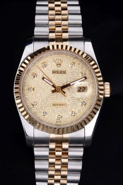 Rep Rolex Datejust Gold  Pattern Face Diamond Index Bold Hands Two-tone Bracelet Anniversary Watch