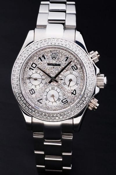 Womens Popular Rolex Daytona SS Case/Bracelet Arabic Scale Silver Sub-dial Diamonds Chronograph Watch