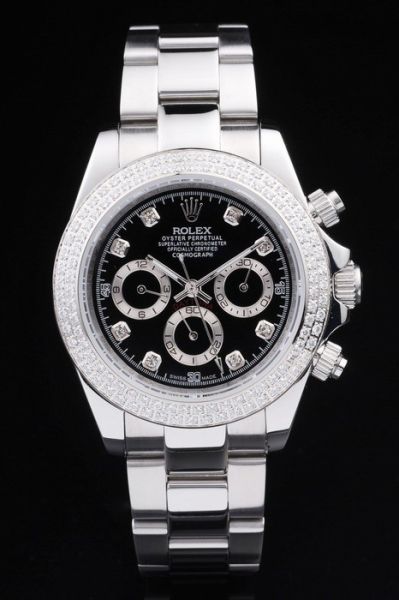 Fashion Rolex Daytona All Stainless Steel Black Face Diamonds Marker & Bezel Automatic Females Chronograph Watch