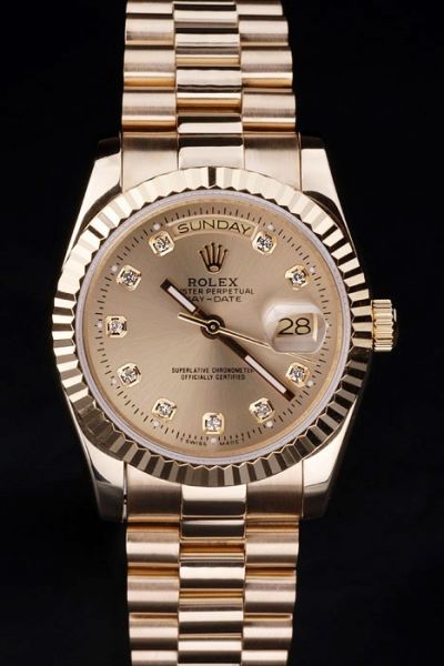Copy Rolex Day-date Gold 36mm Case Diamonds Index 2-Tone Hands Cheap Couples Watch