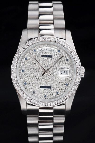 36mm Rolex Day-date Full-set Diamond Face&Bezel  Stick Hand  Silver Steel Bracelet Rep Watch Ref.118206