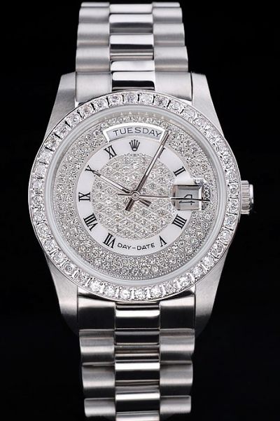 Rolex Day-date Silver SS Case 39mm Diamonds Bezel/Dial Roman Numeral Markers Chic Unisex Watch Ref.18946MTPM
