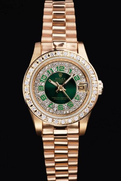 AAA Quality Rolex Datejust Diamonds Bezel/Dial Green Arabic Markers Rose Gold Plated Bracelet Lady Watch Ref.179138R