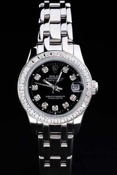 Classic Lady Rolex Datejust Pearlmaster Diamonds Bezel Convex Lens Date Window White Gold Stainless Steel Bracelet Watch