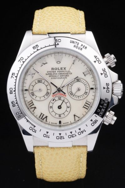 Women's Fashion Rolex Daytona Yellow Leather Strap Roman Scale SS Case & Tachymeter Bezel White Pearl Dial Chronograph Watch