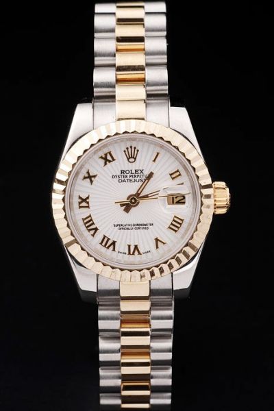 Swiss Rolex Datejust Oyster Perpetual Gold Roman Marker/Fluted Bezel White Dial Ladies 2-Tone  Date Watch Ref.69173