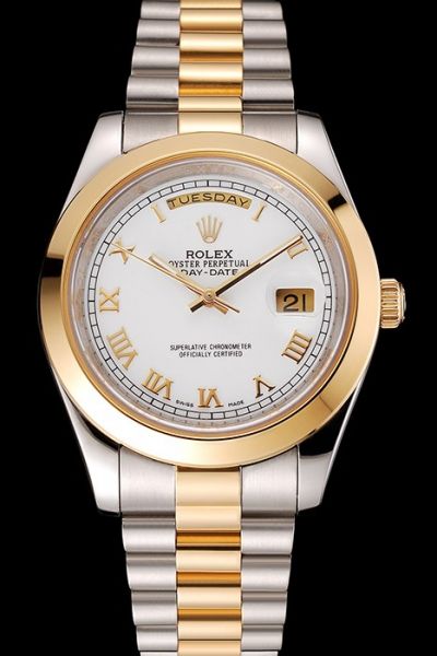 Unisex Rolex Day-date Gold Roman Scale White Dial Two-tone Steel Bracelet  Appointment Watch