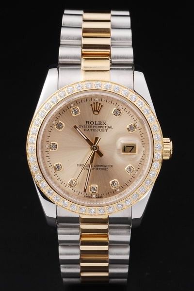 Luxury Swiss Rolex Datejust Full-set Diamonds Bezel Gold Plated Dial Two-tone Bracelet Women Watch