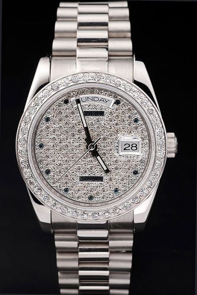 Rolex Daydate SS Bracelet Week/Date Window Black Crystal Scale Womens Paved Diamonds Swiss Watch