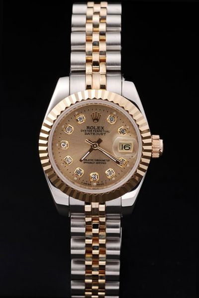 Imitated Swiss Rolex Datejust 31mm Fluted Bezel Gold Dial Diamonds Scale Two-tone Stainless Steel Bracelet Watch