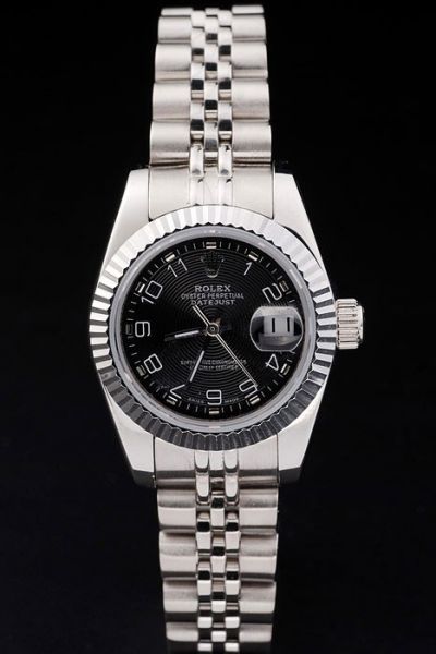 Rolex Swiss Datejust Silver Fluted Bezel Black Concentric Circles Design Dial Arabic Markers Stainless Steel Bracelet Watch