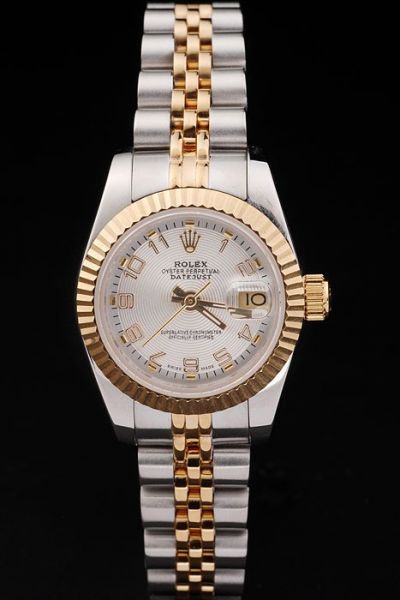 Swiss Rolex Dupe Datejust 26mm Silver Concentric Pattern Dial Gold Arabic Scale Girls Watch