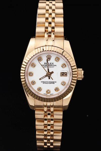 Classic Women's Rolex Datejust Oyster Perpetual White Face Diamonds Marker All Yellow Gold Date Watch 26MM