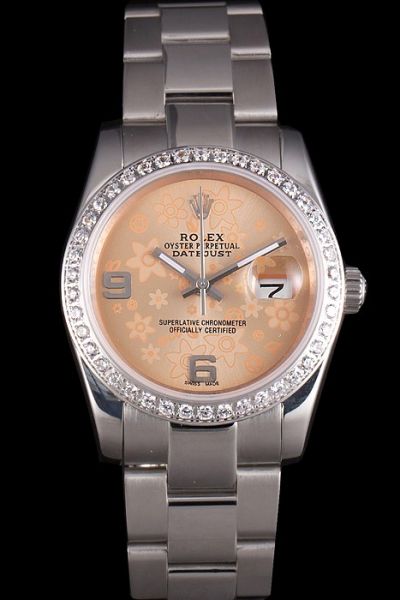 Rolex Datejust Orange Dial SS Bracelet Arabic Marker Fashion Floral Motif  Diamonds Watch For Mens/Womens Replica