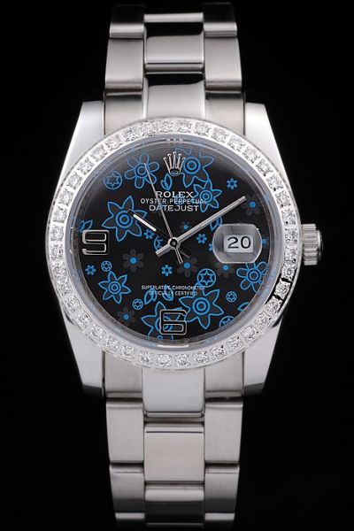 Beautiful Rolex Datejust Blue Flower Face Diamonds Bezel Stainless Steel Bracelet Date Watch For Mens/Womens