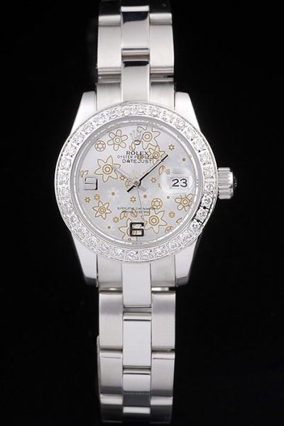 Girls Rolex Datejust Swarovski Diamond Bezel Flowery pattern Dial Steel Bracelet Watch