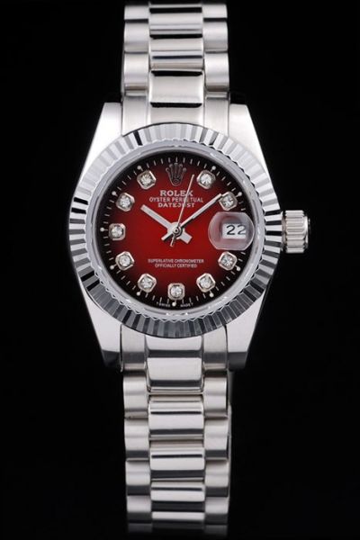 Good Reviews Rolex Datejust Red Dial Diamonds Markers Silver Stainless Steel Fluted Bezel Unisex Watch Ref.79173