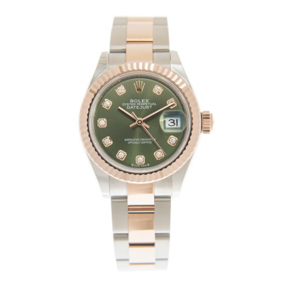 High End Rolex Datejust 28MM Rose Gold Fluted Bezel Diamonds Index Olive Green Face Female Two-tone Watch 279171