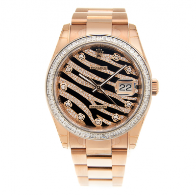 New Style Rolex Lady Datejust 36MM Zebra Pattern Diamonds Face Women Crystal Bezel Rose Gold Watch Replica