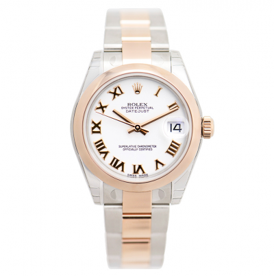 Low Price Rolex Datejust 31 Rose Gold Roman Markers Smooth Bezel Women White Face Two-tone Oyster Bracelet Watch