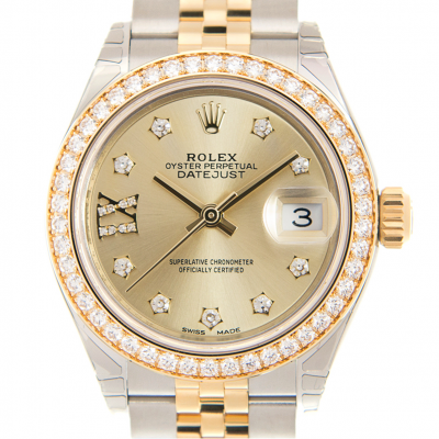 Low Price Rolex Datejust Star Motif Diamonds & IX Roman Index Golden Dial Women Two-tone Date Watch