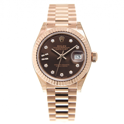 High Quality Rolex Datejust 28MM Diamonds IX Markers Brown Dial All Rose Gold Women Fluted Bezel Watch