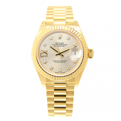 Low Price Rolex Datejust 28MM Silver Dial Star Diamonds Markers Ladies Fluted Bezel Yellow Gold Date Watch