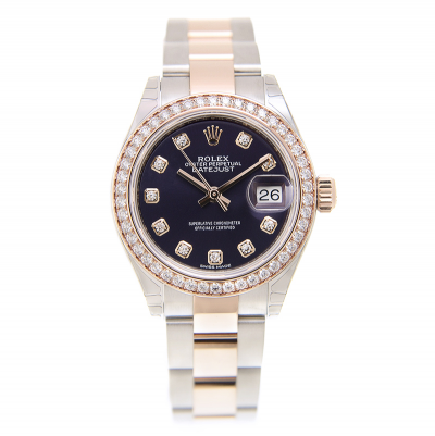 Hot Selling Rolex Datejust 28 Rose Gold & SS Oyster Bracelet Diamonds Markers/Bezel Eggplant Dial Watch Replica 