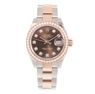 Hot Selling Rolex Datejust 28 Two-tone Bracelet Diamonds Index & Bezel Women Brown Face Oyster Watch Rose Gold