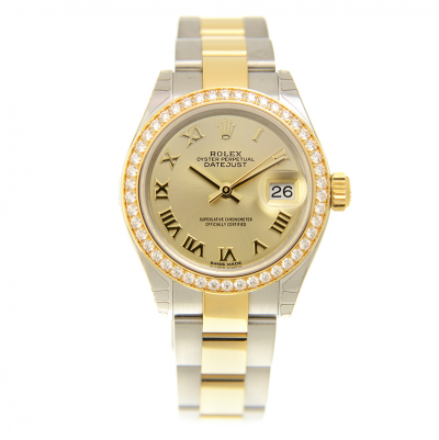 Hot Selling Rolex Datejust 28MM Roman Markers Diamonds Bezel Two-tone Oyster Bracelet Female Yellow Gold Watch 279383RBR
