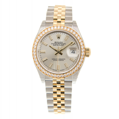 Best Rolex Datejust 28MM Silver Face Diamonds Bezel Simple Stick Markers Two-tone Yellow Gold Luminous Watch 279383RBR