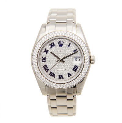 Fashion Design Rolex Datejust 34MM Double-Row Diamonds Bezel Blue Roman Markers White Gold Ladies Faux Watch