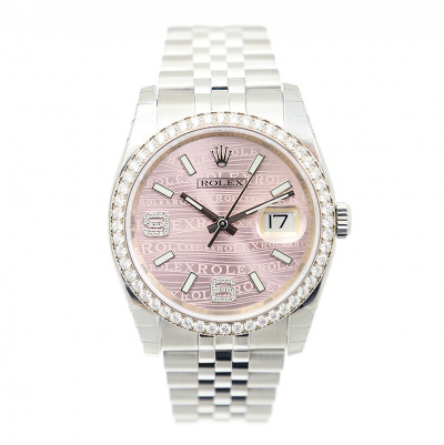 Fashion Rolex Datejust 36MM Logo Pattern Pink Dial Baton & Arabic Diamonds Index White Gold Automatic Watch