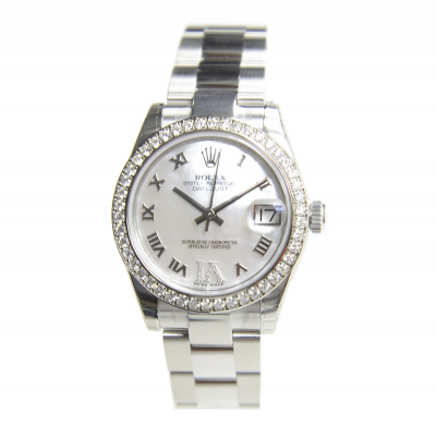 Luxury Rolex Datejust 31MM White Mother Of Pearl Dial Roman Markers Female White Gold Diamonds Watch Online Replica