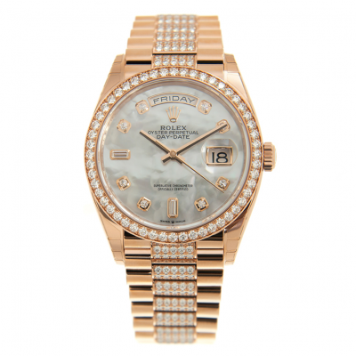 Rolex Day-date 36MM White MOP Dial Diamonds Set Markers/Bezel/President Bracelet Women Rose Gold Watch 128345RBR