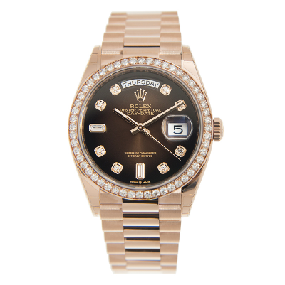 2021 Best Rolex Day-date 36MM Brown Dial President Bracelet Female Diamonds Index/Bezel Rose Gold Date Watch 128345RBR