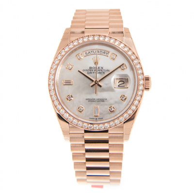 Women's Fashion Rolex Day-date Rose Gold 36MM Case White MOP Face Diamonds Index/Bezel Automatic Watch Replica 128345RBR
