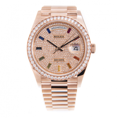 Rolex Day-date Luxury Diamonds Paved Dial Multicolor Baton Index 18k Everose Gold 36mm Oystersteel Watch For Ladies 128345RBR