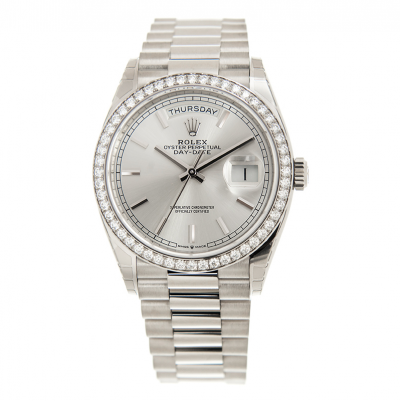 Rolex Simple Style Dayu-date 36MM Diamonds Bezel Silver Dial Stick Index Women Stainless Steel Faux Watch 128349RBR