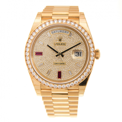 New Rolex Day-date 36MM Colorful Baton Crystal Index Diamonds Paved Face/Bezel Yellow Gold Plated Watch For Ladies Replica