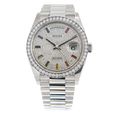 Good Price Rolex Day-date 36MM Diamonds Dial & Bezel Colorful Baton Crystal Markers Women Stainless Steel Automatic Watch 128349RBR