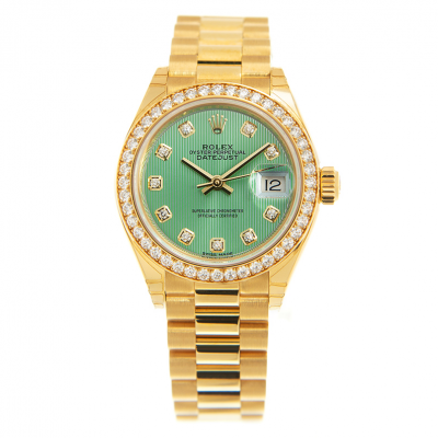 Fashion Rolex 18kt Yellow Gold Datejust 28 Light Green Dial Convex Date Window Women Diamonds Watch For Sale