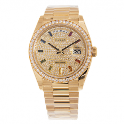 Best Rolex Day-date 18K Yellow Gold 36MM Case Multicolor Crystal Index Women Diamonds Watch For Sale 128238