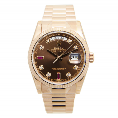 Celebrity Same Rolex DAY-DATE 36 Brown Dial Purple Crystal & Diamonds Markers Rose Gold Watch For Ladies