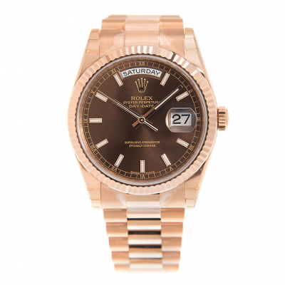 Simple Style Rolex Day-date Luminous Baton Markers Brown Face Female Rose Gold Automatic Watch 36mm