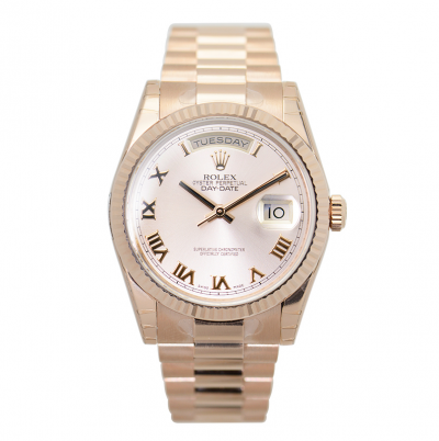 Hot Selling Rolex Day-date 36MM Light Pink Dial Roman Index Women Fluted Bezel Rose Gold Watch For Sale 